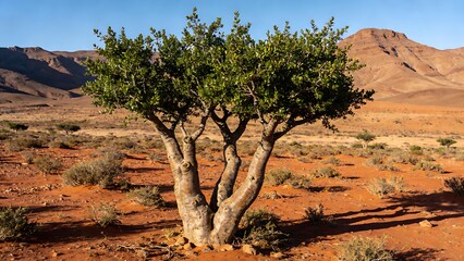 epilogue. A lone argan tree stands in the Moroccan landscape, its gnarled trunk and green leaves under the sun. travel magazines, destination branding, designed for travel destination branding.