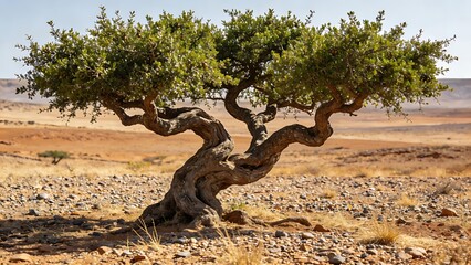 epilogue. A lone argan tree stands in the Moroccan landscape, its gnarled trunk and green leaves under the sun. travel magazines, destination branding, designed for travel destination branding.