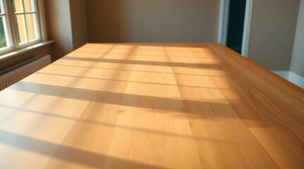 empty wooden table with natural sunlight and window shadows indoors