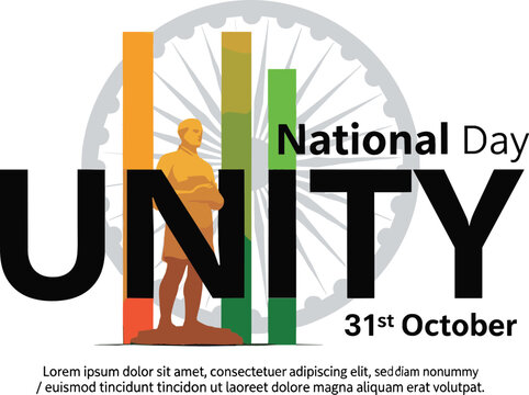 National Unity Day India vector with Statue of Unity silhouette Ashoka Chakra and tricolor bars on white background.