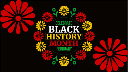 Simple February Black History Month template on black background honoring history and achievements