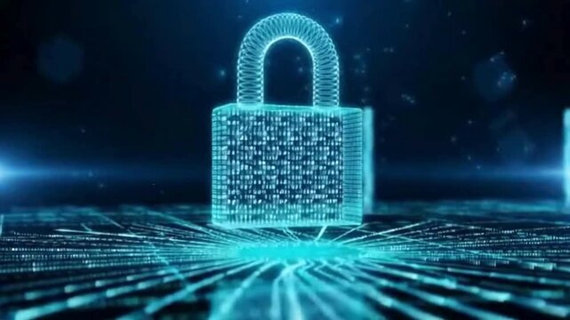 Cyber security concept with a digital lock and flowing data streams, abstract futuristic visualization representing data protection and network security, dark blue technology background with cinematic