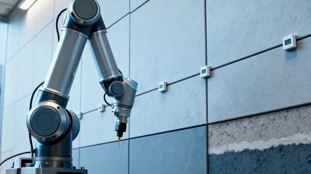 Automated robotic arm applies moisture sensors on building facade panels assessing structural insulation and identifying potential vulnerabilities in the envelope system.