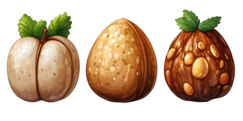 Three assorted small round food items displayed against transparent background