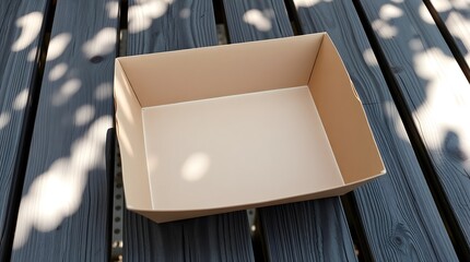 empty kraft paper food tray mockup on wooden table with natural light and copy space