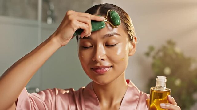 Woman using a jade roller with skincare oil, promoting relaxation and beauty in a bathroom setting.
