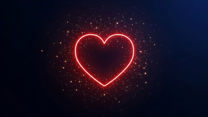 Glowing red neon heart outline surrounded by shimmering golden particles against a dark blue abstract background perfect for romance and celebration themes