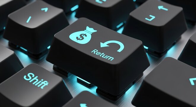 Close-up view of a keyboard return key with a dollar sign and refund symbol in a dark environment