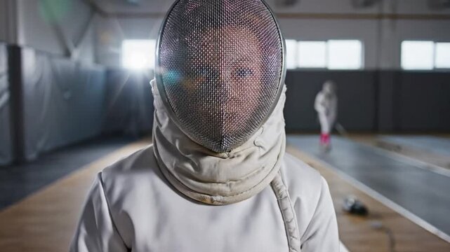 Focused young fencer looks directly at the camera in a professional fencing hall, ready to compete