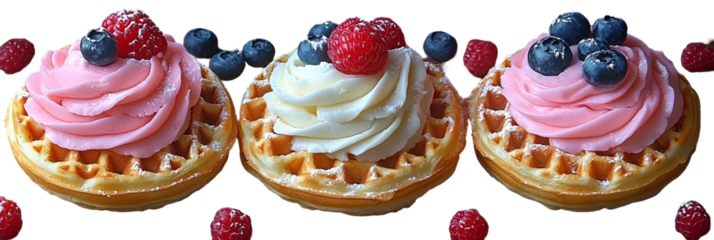 Three berry topped cupcakes with pink and white frosting