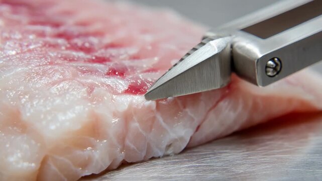 Closeup of specialized pin bone removal tool gripping fish bones precisely from fresh fillet highlighting meticulous extraction for culinary preparation.