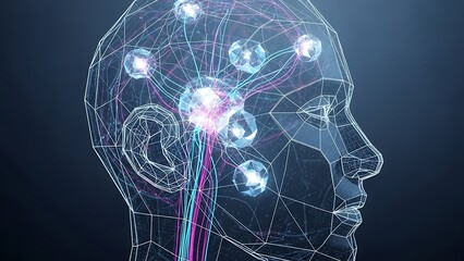 Silhouette of human head with glowing neural network patterns visible inside, digital brain representation, blue and purple neon lights, dark background, symbolic AI visualization
