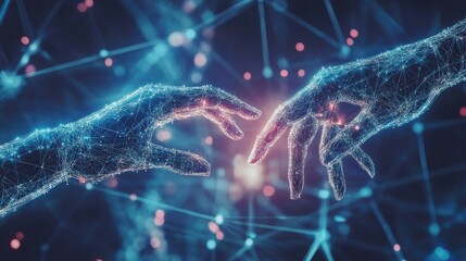 Two digital human hands made of glowing particles and connected by a wireframe network reaching out to touch each other in abstract cyberspace.