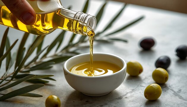 Olio extravergine di oliva versato in ciotola con olive e rami d&rsquo;ulivo