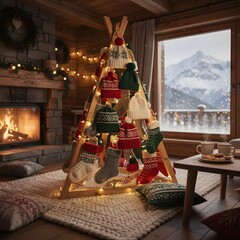 A cozy log cabin features a unique Christmas tree made of knitted hats and socks