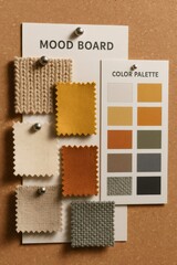 Developing design ideas using textile samples and a color palette pinned to a cork board, indicating interior planning