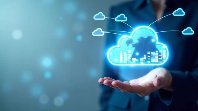 Video A professional woman holds a cloud in her hand, ready for new opportunities