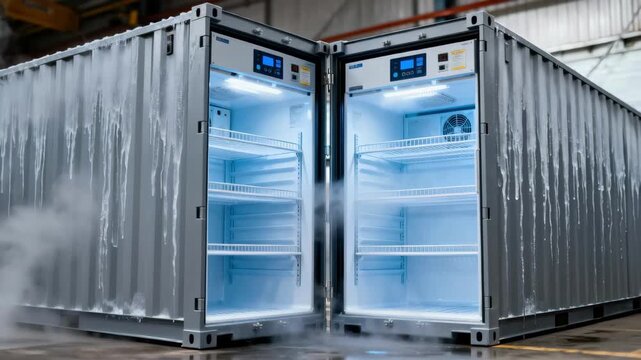 Medium shot featuring dual refrigerated containers positioned side by side highlighting scalable cold storage capacity ideal for agricultural or commercial use.