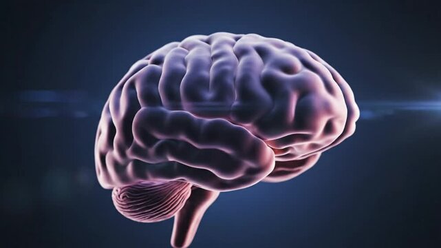 Anatomical Render of a Human Brain Rotating in Space against a Dark Blue Background