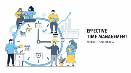 Effective Time Management Illustration with People and Clock.