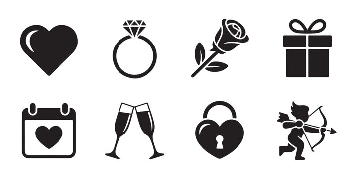Set of valentine day icons with heart ring rose gift calendar champagne lock and cupid bow