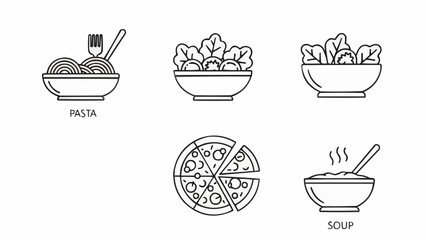 Collection of simple line art food icons including pasta soup pizza and salad.