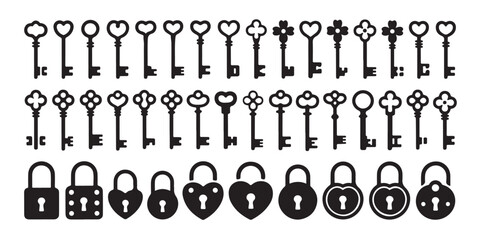 Assorted vintage keys and heart padlocks silhouettes for romantic cards and security concepts