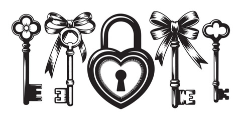 Set of vintage keys and heart shaped padlock with ribbons. antique lock symbol vector illustration © MD.RAHIM