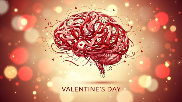 Conceptual illustration of a brain formed by intertwined red and pink ribbons with small hearts symbolizing the deep connection between love and intellect for valentine's day