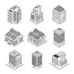 Green Eco City Buildings with Solar Panels - Isometric Line Art Collection.