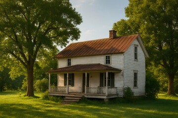 Obraz premium Weathered rural farmhouse with a rusty tin roof and porch, surrounded by lush green grass and large trees at sunset