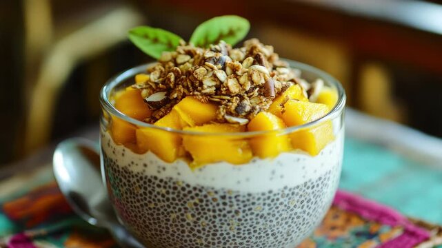 Fresh mango chia pudding garnished with crunchy almonds and mint in sunlit dining setting