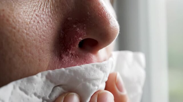 Close-up of a person's inflamed and irritated skin around the nose and upper lip, holding a white tissue due to discomfort.