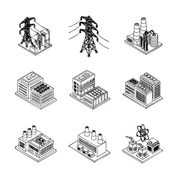 Isometric Collection of Industrial Buildings and Power Infrastructure Icons.