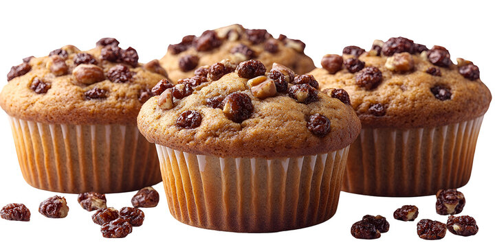 Three chocolate chip muffins displayed against a transparent background