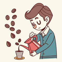 Man pouring coffee beans into cup with watering can