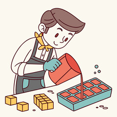 Man pouring liquid into soap mold to make bars