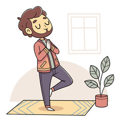Man practicing yoga tree pose on mat at home
