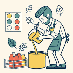 Man pouring liquid into a pot with bottles and palette