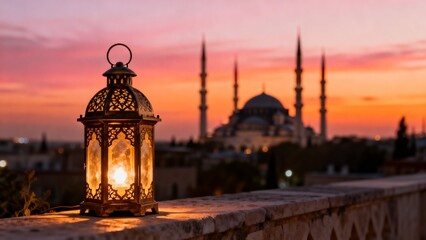 Glowing ornate lantern on stone ledge with mosque silhouette and colorful sunset sky symbolizing Ramadan peace and reflection