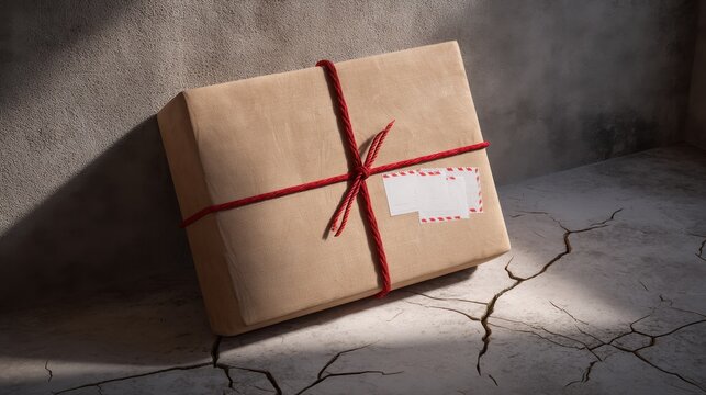 Tightly Wrapped Package with Red String and Blank Label on Cracked Surface Background