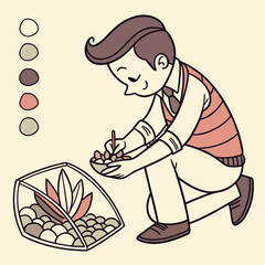 Man tending to a terrarium plant illustration