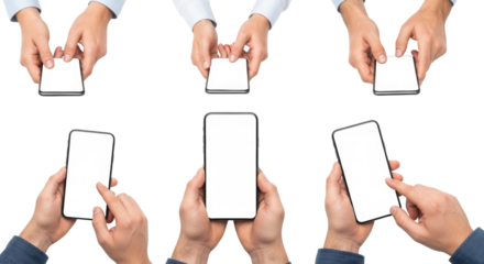multiple clean hands (varying skin tones) gripping two modern thin-bezel smartphones with blank white screens, isolated on a transparent background, flat lay commercial technology concept