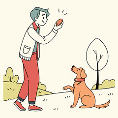 Man training his dog with a treat outdoors