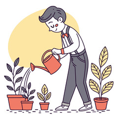 Man watering plants illustration