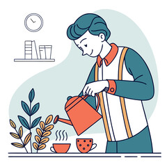 Man watering plants near cups of tea