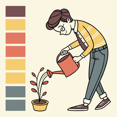 Man watering a potted plant with a watering can