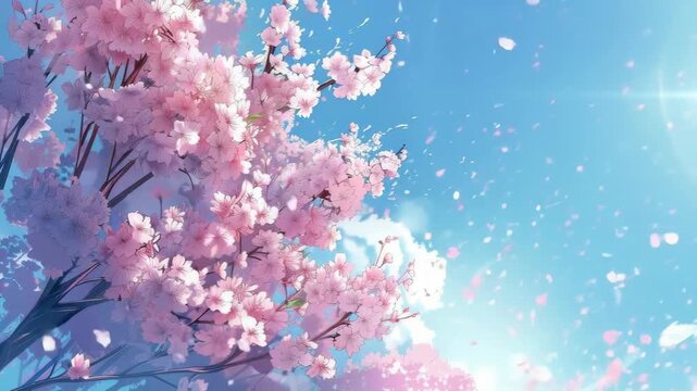 Bursting blossoms: cherry blossoms dance in the azure spring breeze
