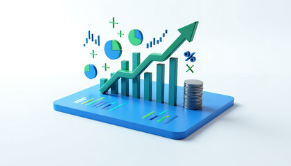 Green arrow graph with coins and floating charts on a blue tablet