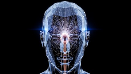 Silhouette of human head with glowing neural network patterns visible inside, digital brain representation, blue and purple neon lights, dark background, symbolic AI visualization